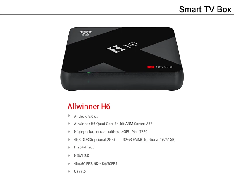 H10 Smart tv Box Android 9,0 4 Гб ОЗУ 32 Гб 64 Гб ПЗУ 2,4G 5G Wifi телеприставка Allwinner H6 четырехъядерный H.265 6K HDR медиаплеер