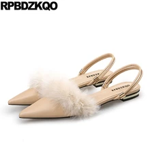 Обнаженный сандалии красивая мех Китай дизайнер плоские мулы Slingback дам Женская платье обувь Остроконечные персик домашние тапочки весенняя осень последние Мода европейская отправка капель Перо