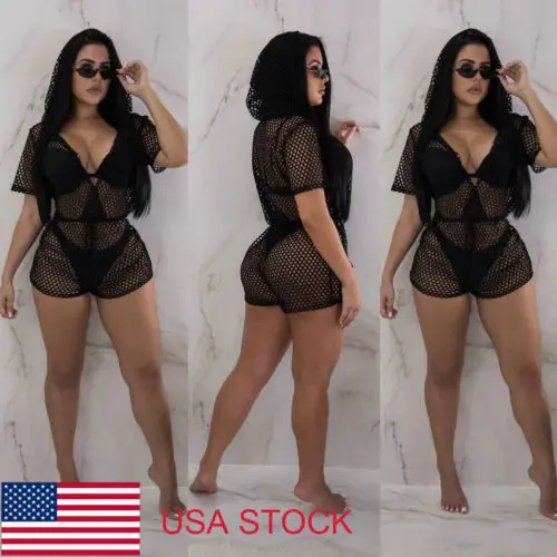 

New Hollow Fishnet Beach Cover Up Women Short Sleeve Mesh Crochet See Through Sunscrren Swimwear Cover Up Hooded Romper Playsuit