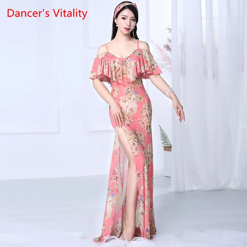 

Sexy One Piece Women's Design Transparent Long Dress Mesh Belly Dance Performance Show Pink Print Bellydance Dress