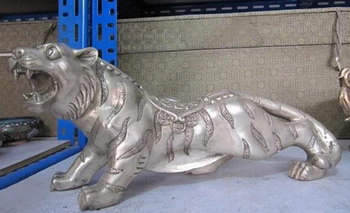 

WBY+++ free shipping 6" Chinese exquisite bronze Copper silver-gilt Carved animal Tiger Statue