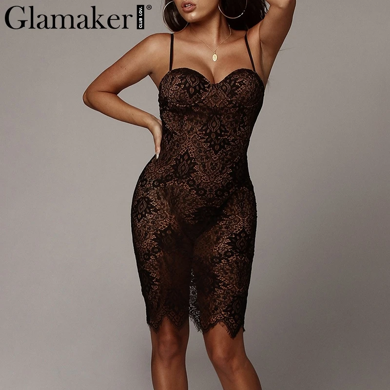 

Glamaker Sexy lace vintage bodycon black dress Women summer elegant midi party dress Ladies holiday beach transparent sundress