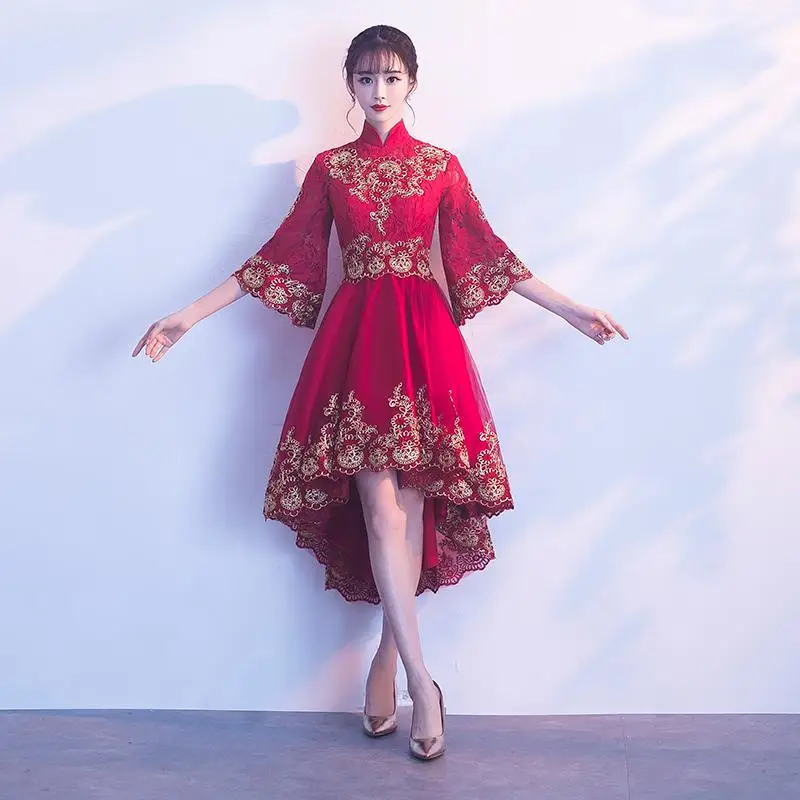 Улучшенный рукав для женщин короткий Cheongsam китайское традиционное кружево вышивка платья Новинка Мандарин Воротник Qipao Vestidos - Цвет: Burgundy 7