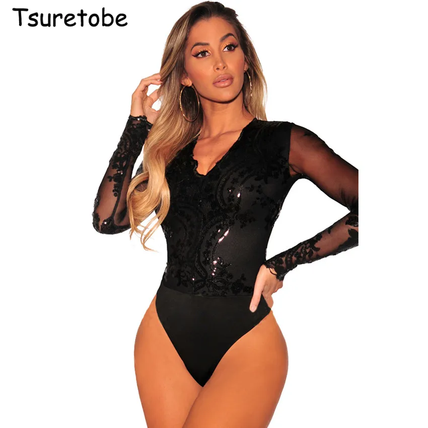 Sexy Transparent Sheer Mesh Bodysuit Tops Women Long