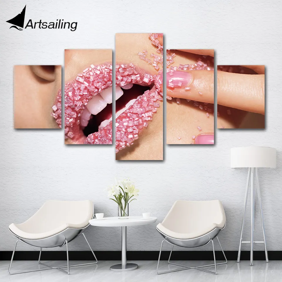 

5 panel canvas painting crystal Manicure Nail sexy lips canvas wall art print and Poster artwork beauty salon hair