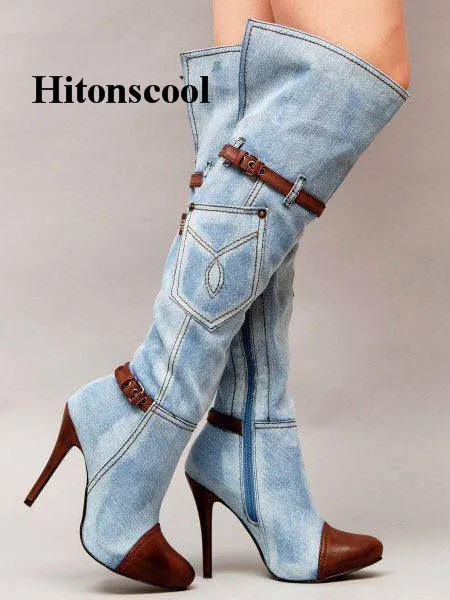

2019 Blue Jeans High Heels Boots Women Pointed Toe Knee High Ladies Patchwork Denim Botas Mujer Boots Women chaussures femme