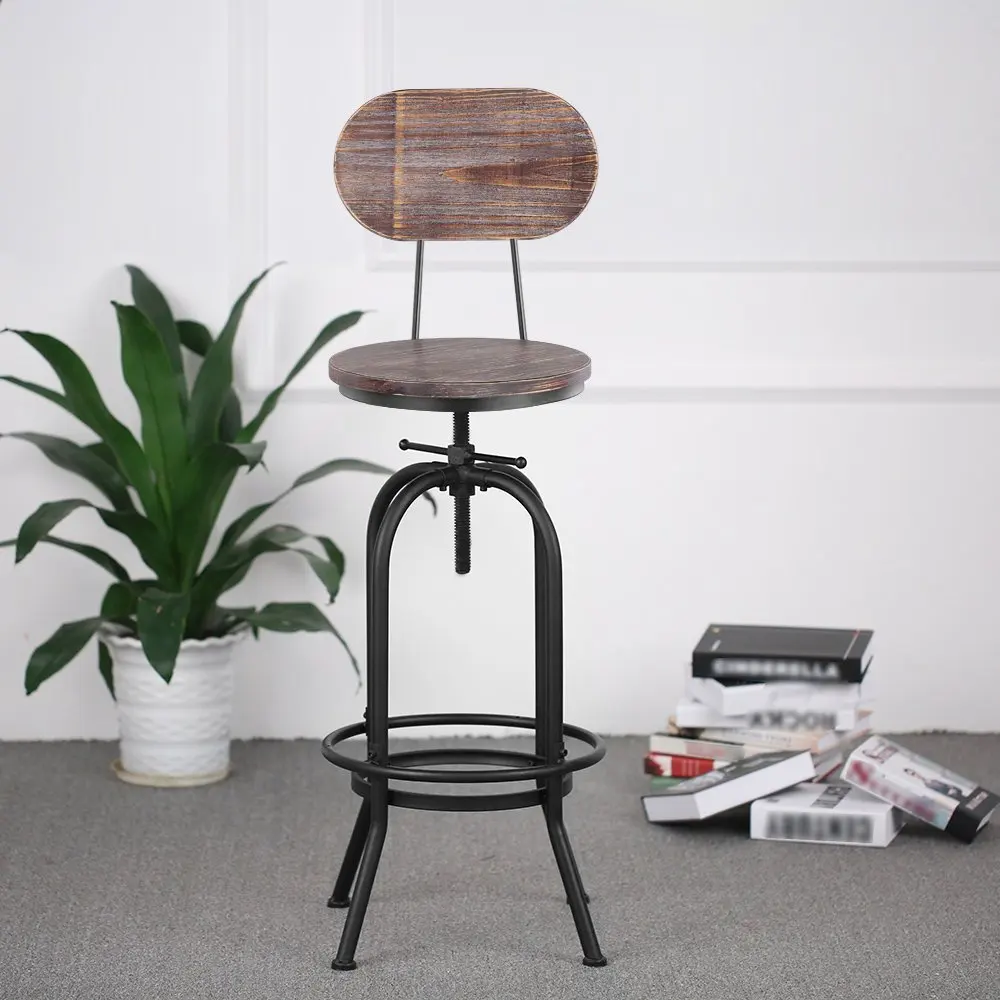 Industrial Style Bar Stool Height Adjustable Swivel Chair Pinewood Top With Backrest Bar Furniture
