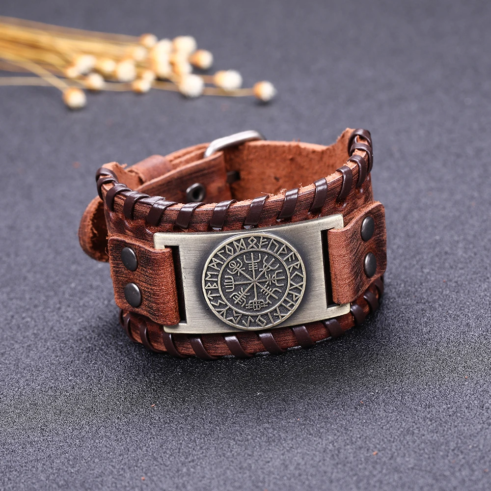 Teamer нордическая Руна Vegvisir подвеска Компас браслет Викинг браслеты из натуральной кожи мужские винтажные Античные Серебряные широкие плетеные браслеты