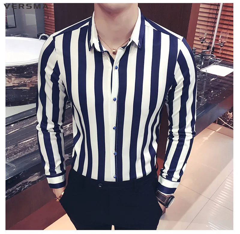 VERSMA Корейская Повседневная приталенная винтажная рубашка в полоску с длинными рукавами для мужчин Летние тропические роскошные мужские вечерние рубашки запонки