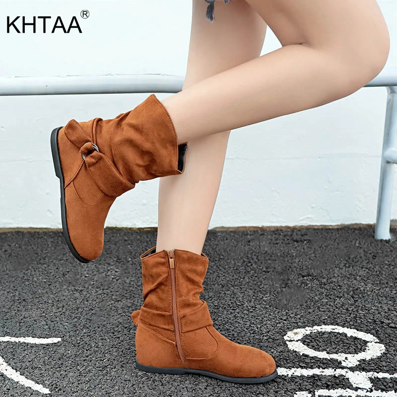 

KHTAA Women Winter 2018 Flock Zip Buckle Strap Ankle Boots Female Casual Comfortable Slip On Shoe Ladies Fashion Footwear