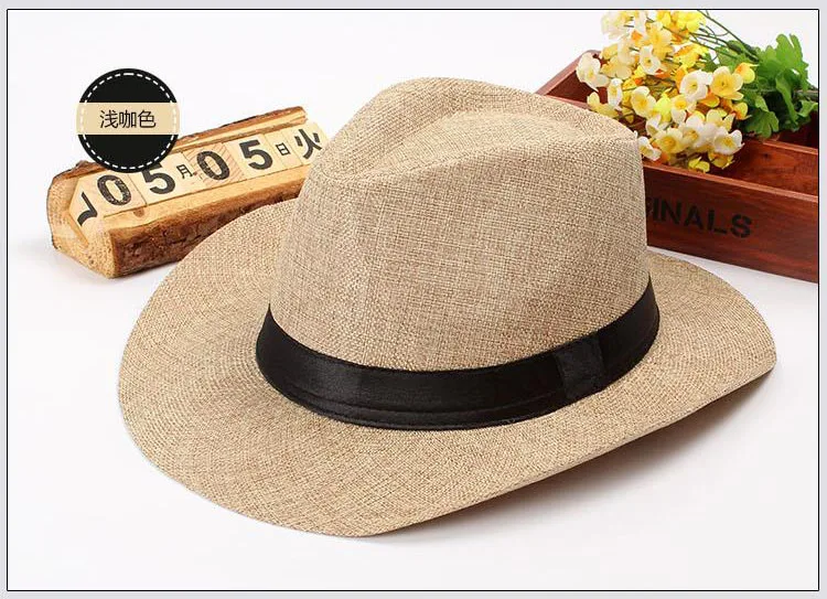 Летняя мужская Ковбойская соломенная шляпа широкий пляжный навес Кепка Солнцезащитная Панамы CSDS011 - Цвет: khaki
