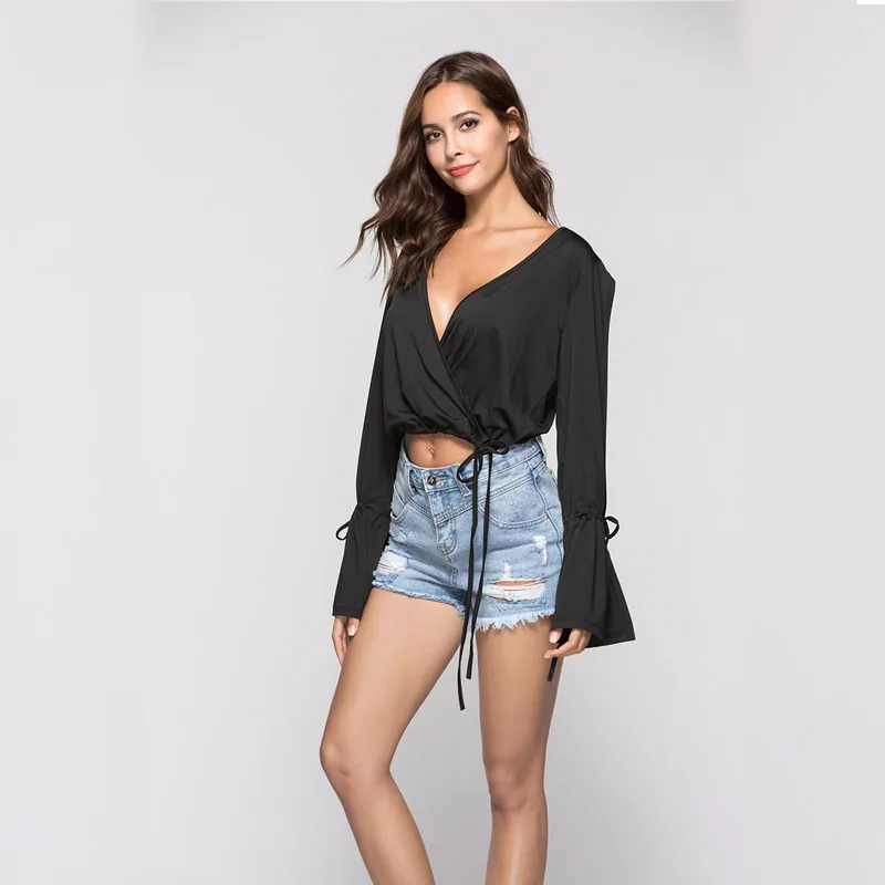 Short Sexy T-shirt Women Deep V Neck Full Sleeve Crop Top Trumpet long-sleeved solid loose T shirt Short Sexy T-shirt Women Deep V Neck Full Sleeve Crop Top Trumpet long-sleeved solid loose T shirt