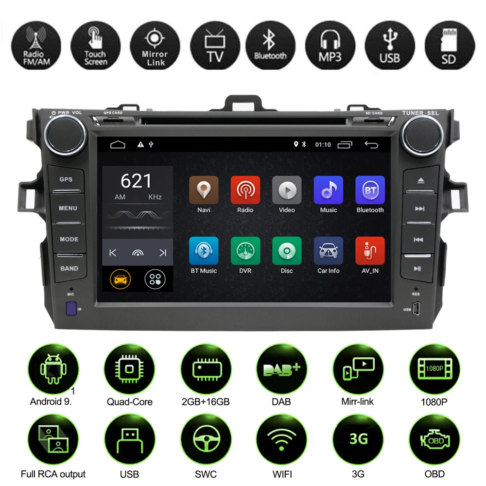 

2 Din Android 9.1 Car DVD Player Stereo Radio for Toyota Corolla 2007 2008 2009 2010 2011 Car GPS Navigation TPMS WIFI Bluetooth