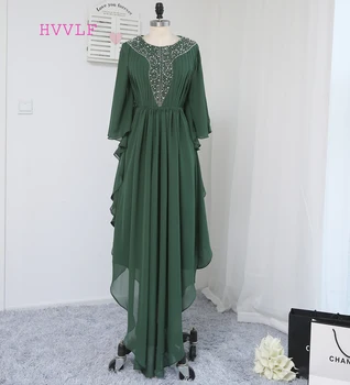 

2019 Muslim Evening Dresses A-line Long Sleeves Green Chiffon Beaded Islamic Dubai Abaya Kaftan Long Evening Gown Prom Dress