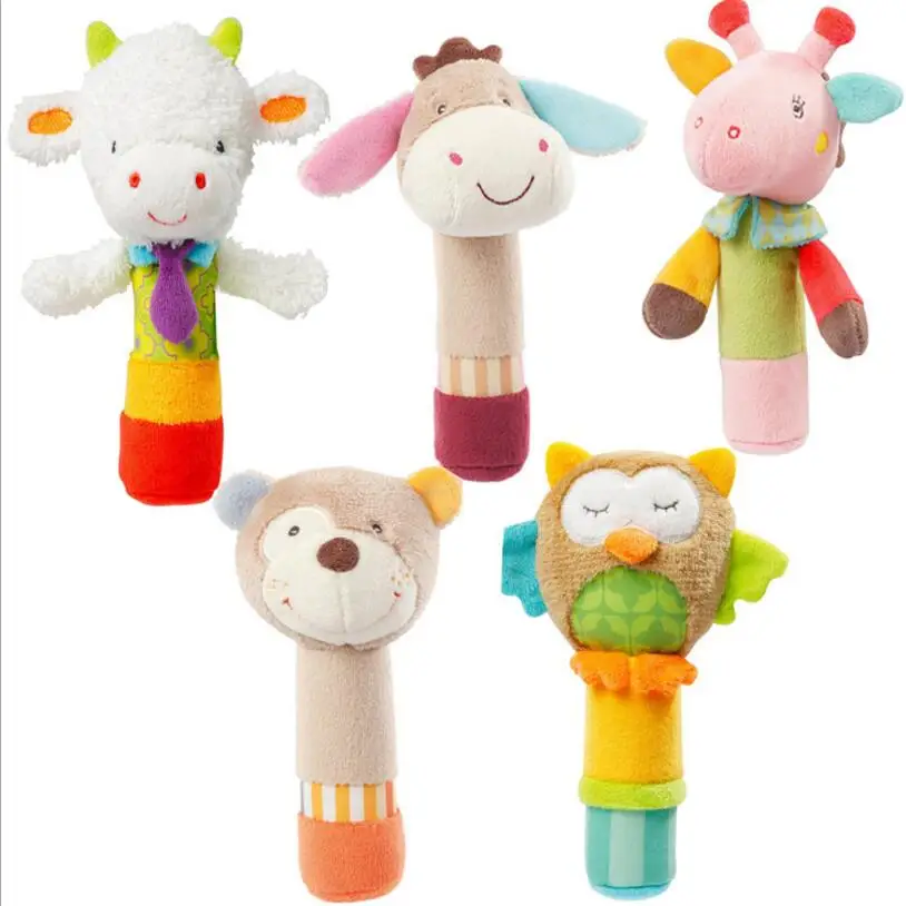 Animal Plush Rattles Hand Bells Owl Bear Deer BB Sound Educational Funny Toys Gift for Newborn