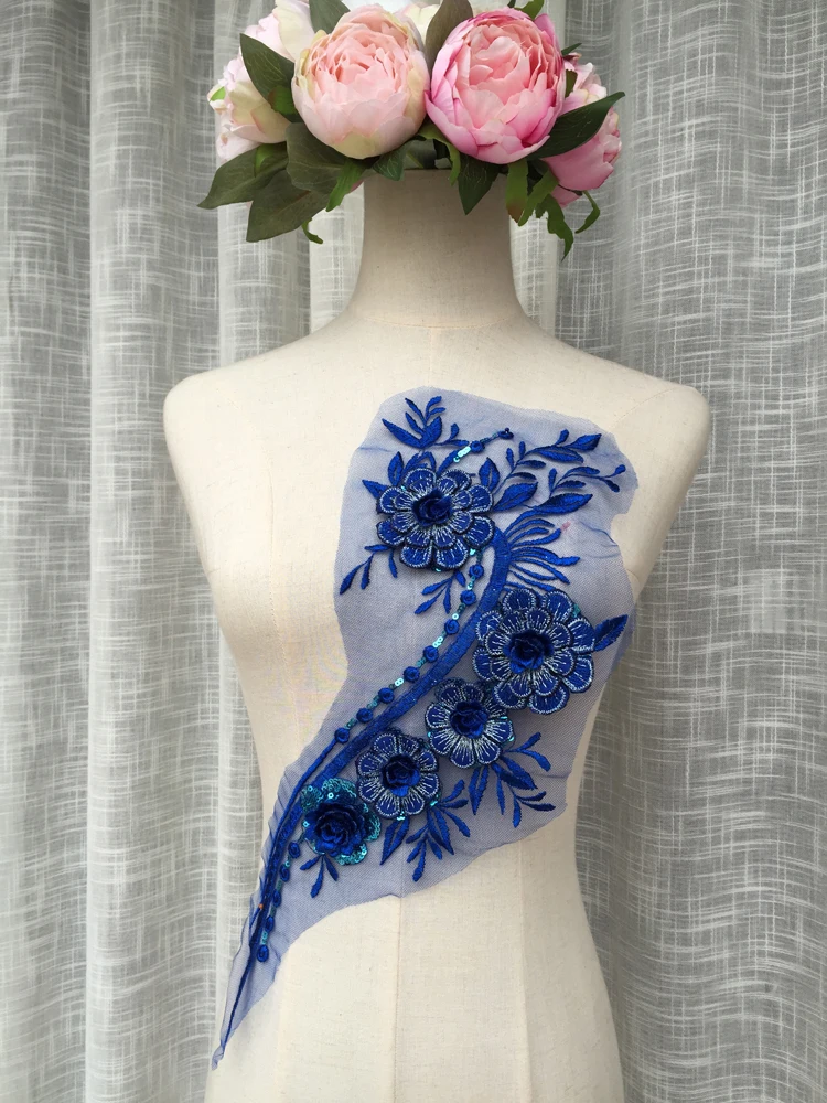 Blue flower clothing embroidery fabric patch applique for stage