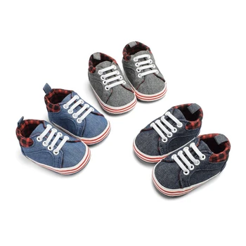 

Cute Newborn Baby Boys Soft Denim Checked Canvas Shoes Sneaker Infant Prewalker Toddler Shoes