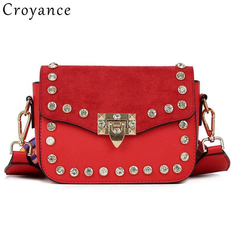 

Croyance Small Flap Bag Rhinestones Handbag Female Color Wide Strap Shoulder Messenger Bag Crossbody Purse