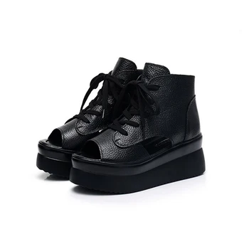 

2019 New Black Tie Belt Outdoor Sandals Dermis Fish Mouth Beach Shoes Women Thick Bottom Pine Cake Water Shoes For Women