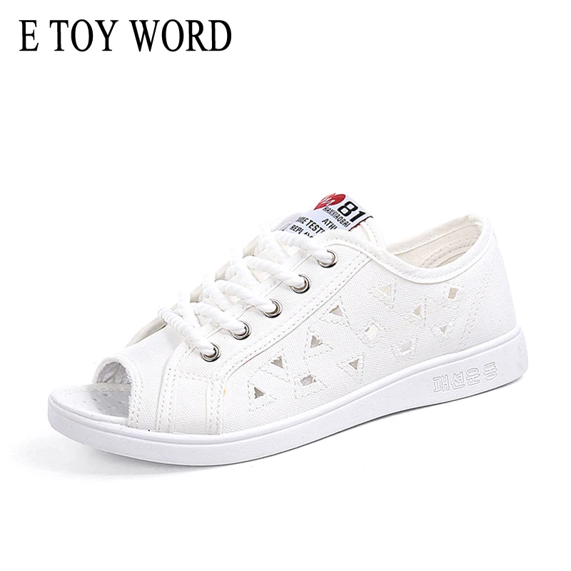 

E TOY WORD Canvas Lace Up Sandals Summer Ladies Hollow Out casual flat shoes Korean Open Toe breathable white black Women Shoes