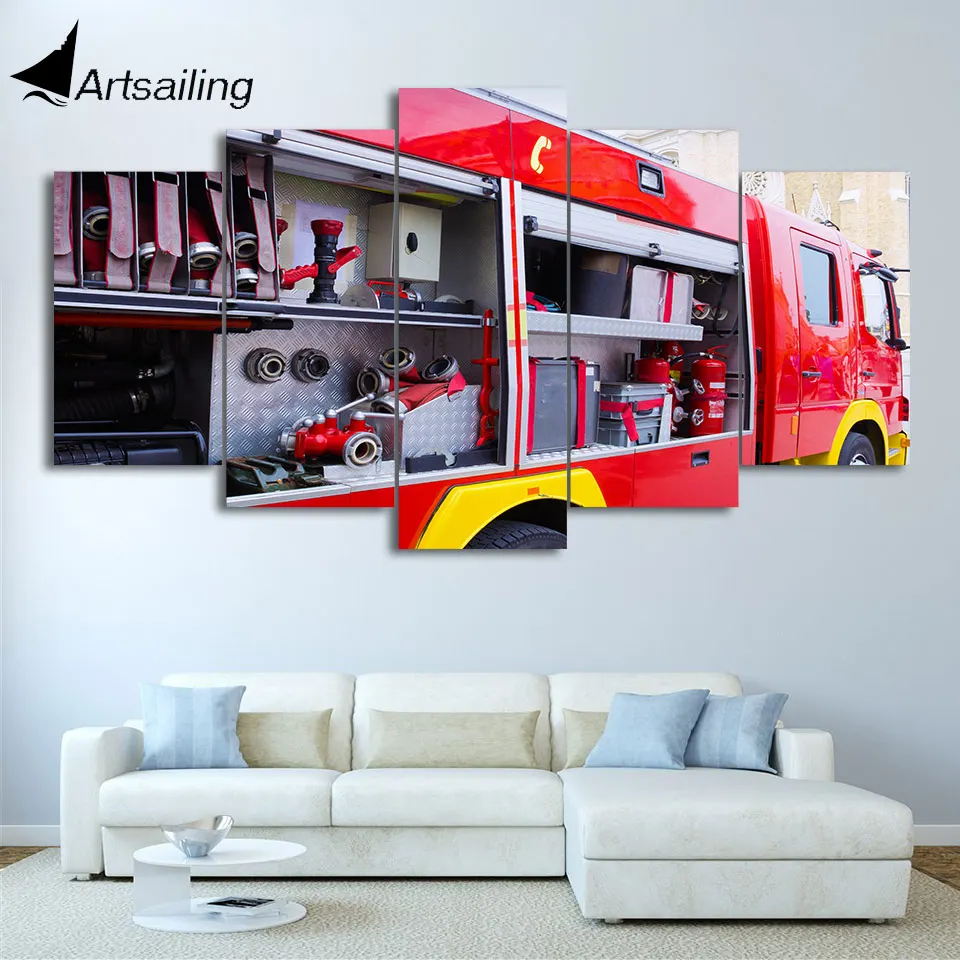 Hd Baskili 5 Parca Tuval Sanat Itfaiye Kamyonu Boyama Yangin