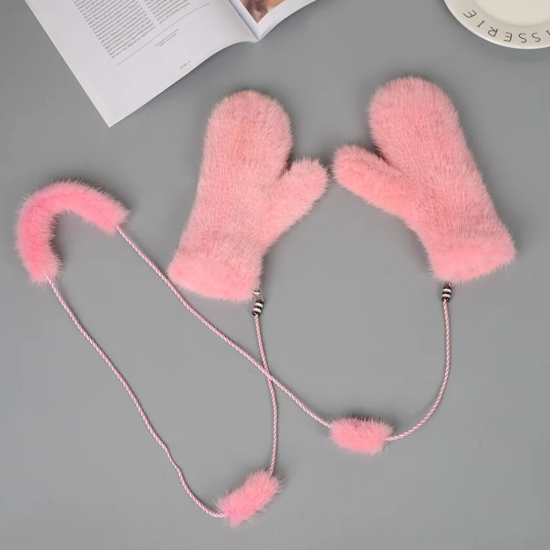 Модные женские зимние перчатки с роскошным украшением из меха норки, перчатки для девочек высшего класса, зимние женские варежки для улицы, 15 цветов - Цвет: pink