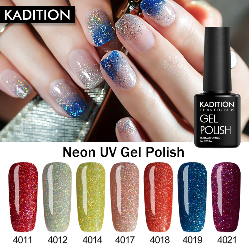 

KADITION 8ml Neon UV Gel Soak Off Semi Permanent Gel Nail Polish Top Base Coat Manicure Kit Rainbow Colorful for Nail Art Design