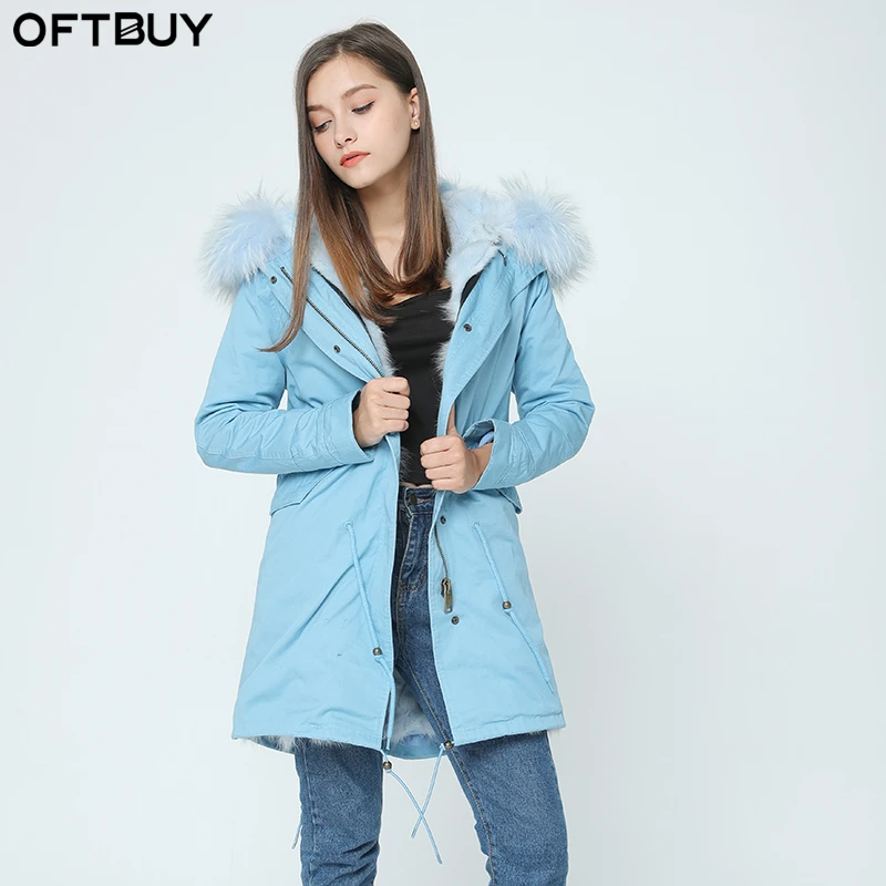 Женская куртка с капюшоном OFTBUY Толстая теплая парка из натурального меха енота