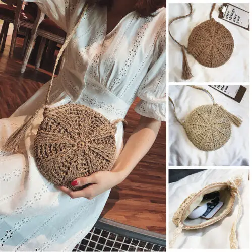 Women Crossbody Tassel Bag Fashion Female Round Circular Rattan Shoulder Bag Handmade Straw Woven Beach Embroidery Handbag