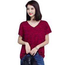 2017 Summer Europe Style Women’s T Shirt Women Tops Casual Loose Cotton Short Sleeve V Neck Red T-shirt Female T Shirts 5XL Plus