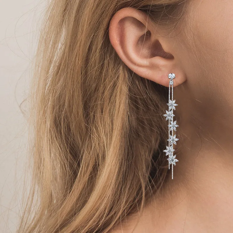 

Korea AAA CZ Drop Earrings Silver Long Flower cubic zirconia Earrings For Women Fashion jewelry Girls Gift RE3302
