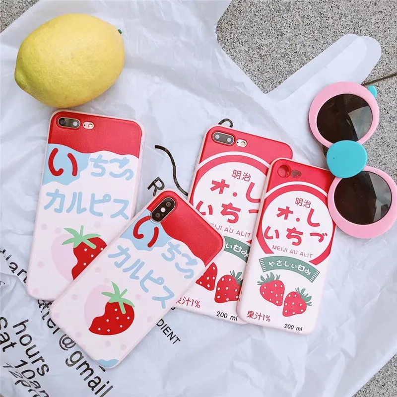 

Japanese Meiji Strawberry Juice Phone Case For iPhoneX XR Girl Powder Silicone Soft Shell Scrub Phone Case For iPhone7 8 6 Cover