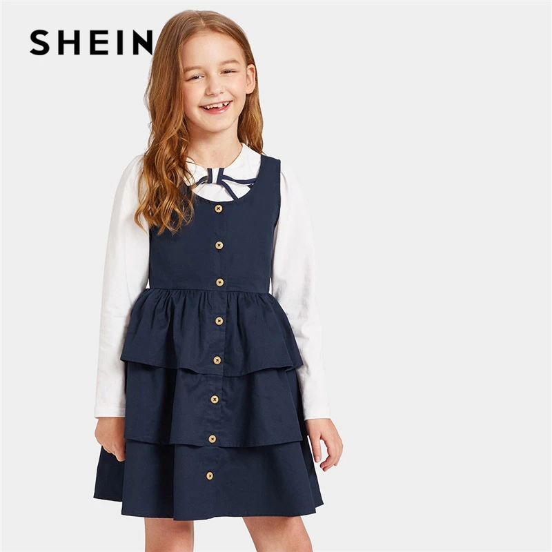Günstig SHEIN Kiddie Navy Taste Front Layered Rüschen Teenager Mädchen Kurze Kleid 2019 Sommer Tiered Schicht Fit und Flare Kid Mädchen kleider