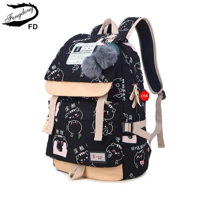 Ceny FengDong kobieta moda drukowany napis plecak torba z portem usb na laptopa kobiety torby podróżne białe płótno plecak szkolny dla dziewczynek
