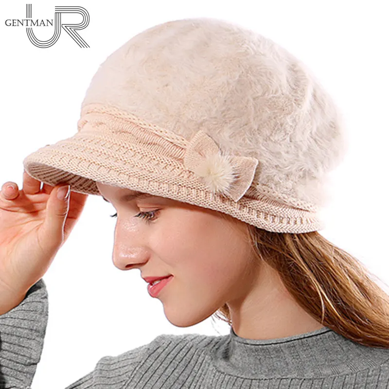 

New Women's Hat Female Fashion Winter Hat Bow-Knot Design Skullies Beanies Add Fur Knitted Hats For Woman Warm Winter Rabbit Hat