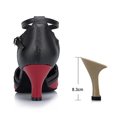 Ladingwu/женские туфли из натуральной кожи красного и черного цвета с закрытым носком для бальных танцев на квадратном каблуке туфли для латинских танцев с мягкой подошвой - Цвет: Black 8.3cm