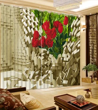 

Classic Home Decor Curtain Design 3D Curtain Brick Red Rose Flower Woods Blackout Shade Window Curtains For Bedroom