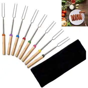 

New 8Pcs Telescopic BBQ Skewers Forks Stainless Steel Sticks Barbecue Wooden Handle