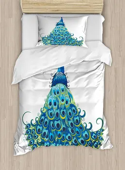 

Peacock Duvet Cover Set Peacock Illustration Floral Classical Curvy Artful Design Tropics Wildlife Theme 4 Piece Bedding Set