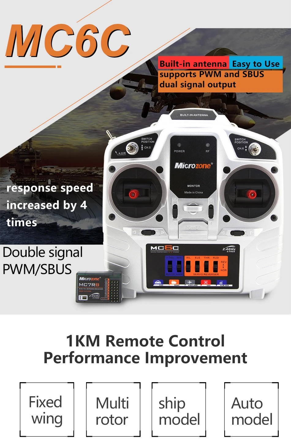 MicroZone MC6C 2,4G 6CH контроллер передатчик приемник радиосистема для SU27 радиоуправляемый самолет, Квадрокоптер multirotor вертолет автомобиль Лодка