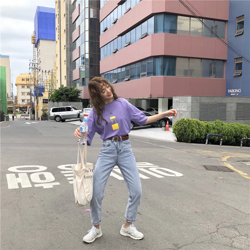Simple Chinese letter purple causal college wind printed 2018 new light short sleeve cotton female tees
