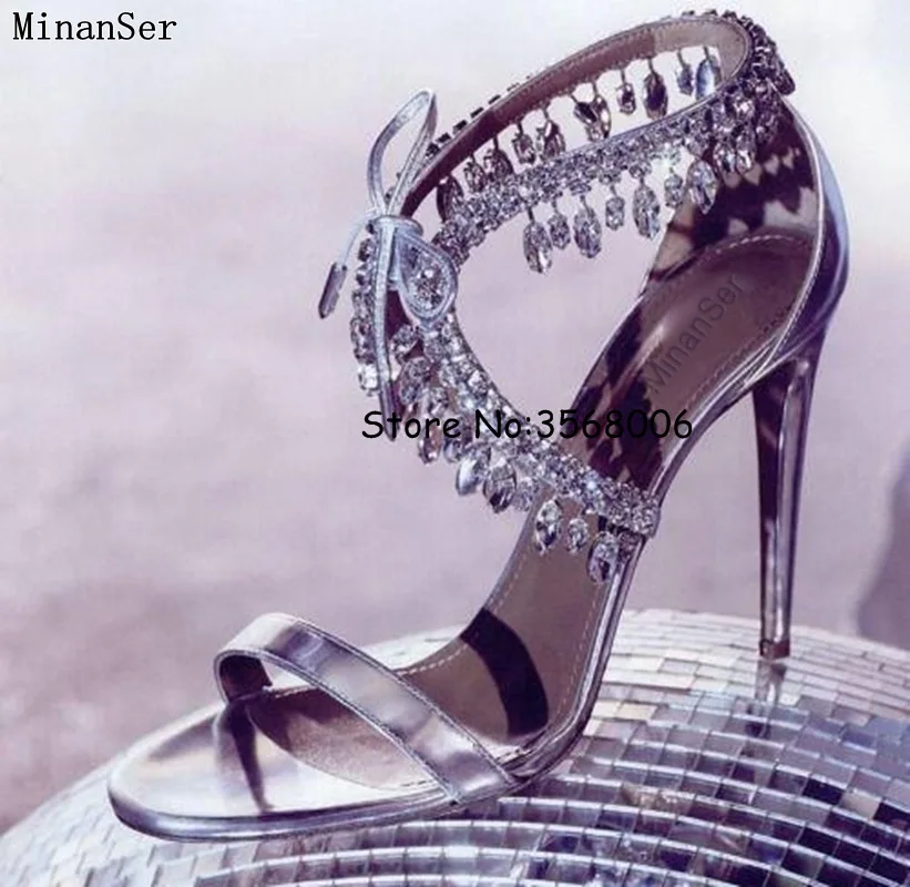 Роскошные стильные сандалии с ремешками вокруг лодыжки, украшенные стразами; женская обувь на высоком каблуке с бахромой и кристаллами; свадебные модельные туфли; стразы - Цвет: picture 9
