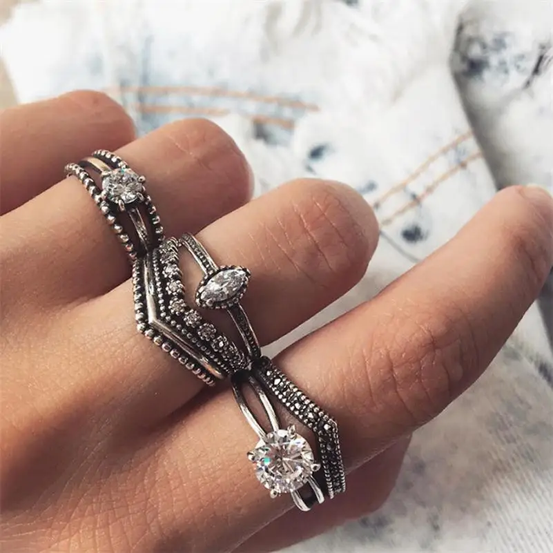 

Retro Female Rings Flower Beads Round Geometric Crystal Silver Ring Set Lady Temperament Wedding Party Jewelry Accessories