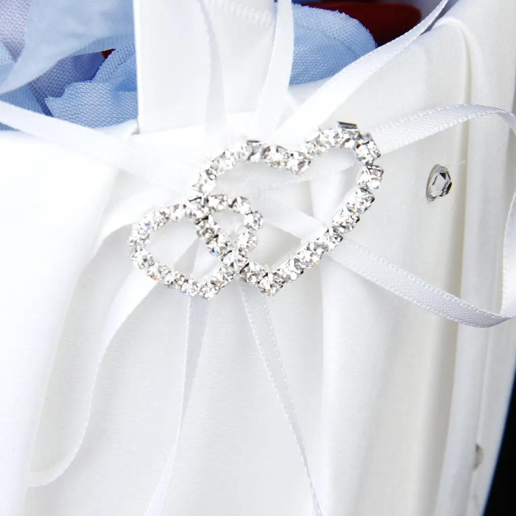 

Double Heart Wedding Flower Girl Basket Rhinestone Decor White