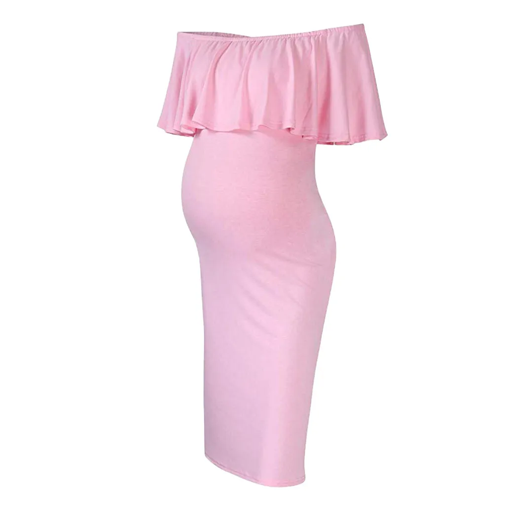Новая мода для беременных Для женщин однотонные Цвет со складками, с открытыми плечами, платья Повседневное летнее платье для беременных Тонкий Беременность - Цвет: Розовый