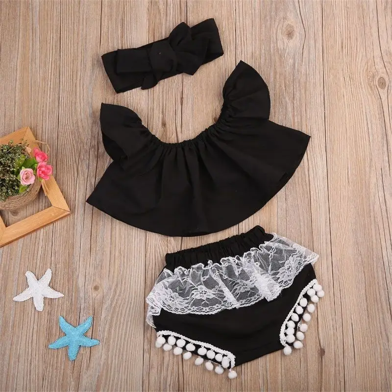 

Toddler Baby Girl Kids Clothes Off Shoulder Tops T-Shirt+Shorts Pants Outfit Set Lace Patchwork Soft High Quality Cute Sets
