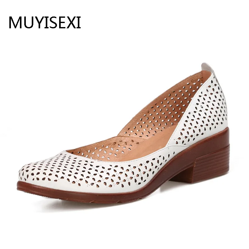 

Summer Hollow Out Thick Heel Women's Pumps Round Toe Casual Shoes Comfortable Soft Women's Shoes Gray White LID035 MUYISEXI