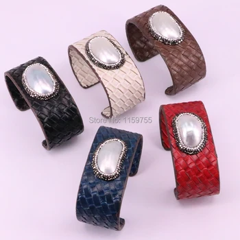 

5Pcs Fashion Mix color snake skin leather jewelry bangle Pave rhinestone natural shell pearls jewelry Gift to lady