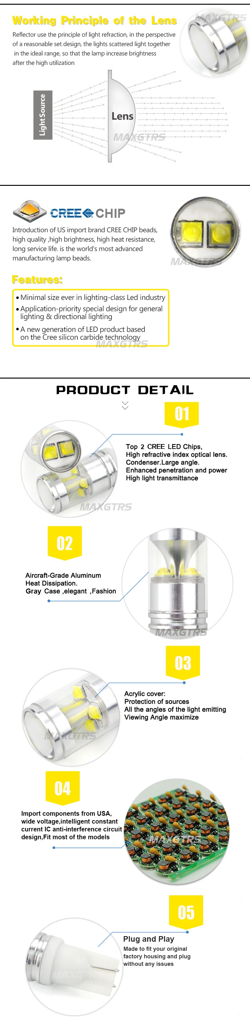 2x белый/красный/желтый T10 194 168 W5W 30 Вт CREE чип XB-D высокой мощности Светодиодный объектив проектора автомобильный парковочный обратный резервный светильник