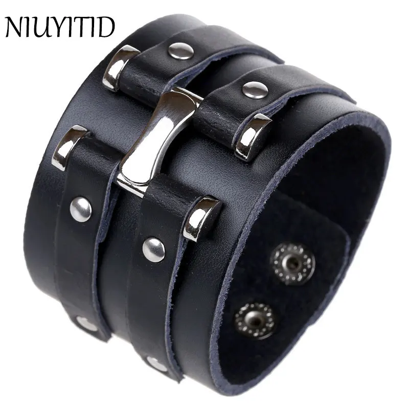 NIUYITID Mens Genuine Leather Bracelets Black Punk Wide Personalized